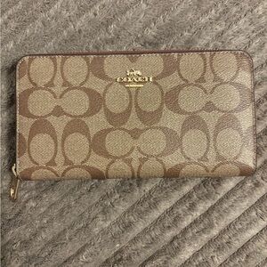 Coach Signature Brown and Tan Long Zip Around Wallet